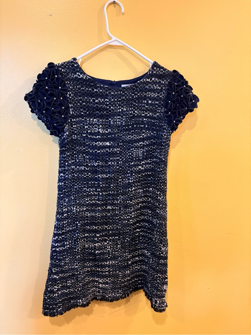 Girls Navy boucle Dress with Floral Sleeve Detail